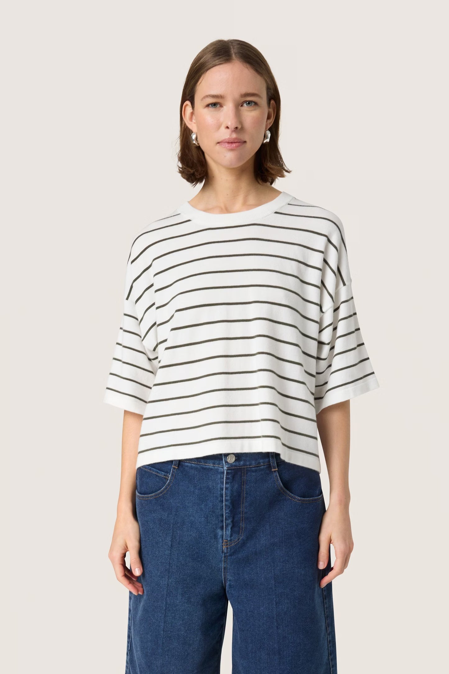 SLSpina Boxy Pullover SS White w Grape Leaf Stripe