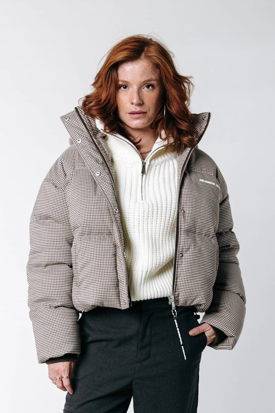 Zyra Dogtooth Puffer Jacket Brown