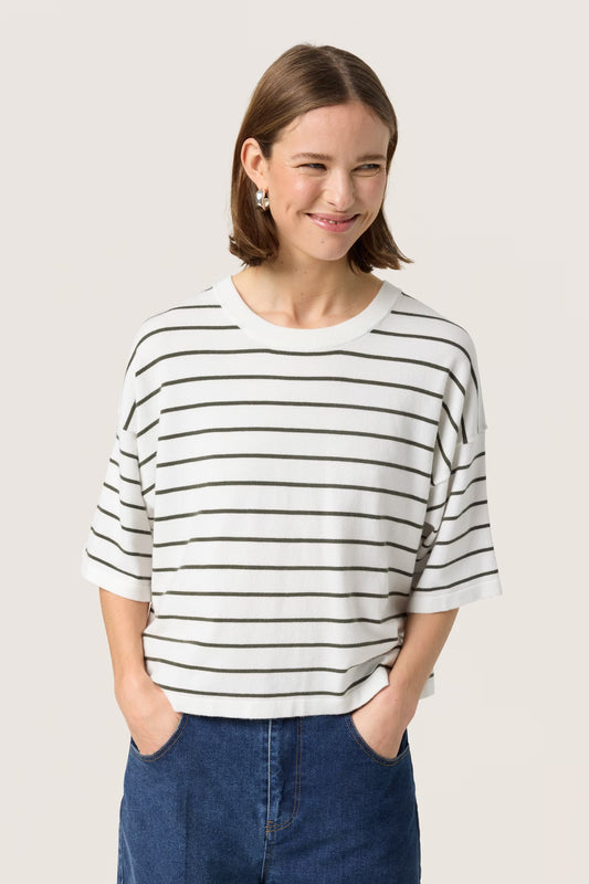SLSpina Boxy Pullover SS White w Grape Leaf Stripe